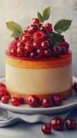 Decadent cheesecake topped with fresh berries on a light background in a bright kitchen setting photo