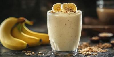 Delicious banana smoothie topped with fresh banana slices and granola served alongside bananas on a rustic table photo