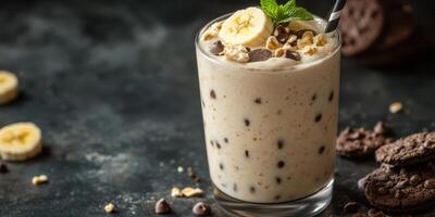 Delicious banana smoothie topped with chocolate chips and granola served in a glass on a dark background photo