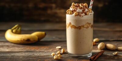Delicious peanut butter banana smoothie served in a tall glass with whipped cream and nuts photo