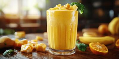Fresh mango smoothie served in a glass with colorful fruit on a wooden table in a bright cafe setting photo