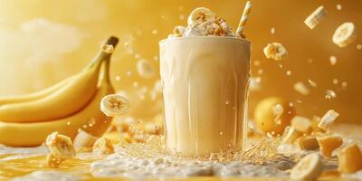 Creamy banana smoothie with fresh bananas and splashes of milk captured in vibrant yellow tones photo