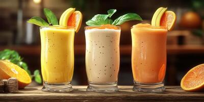 Refreshing tropical smoothies served in clear glasses with vibrant garnishes in a cozy, rustic setting photo