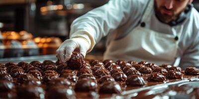 Artisan chocolatier creating handmade chocolate confections in a bustling kitchen photo