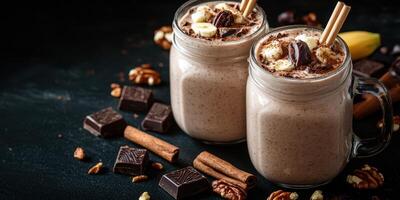 Delicious smoothie with chocolate, bananas, and spices served in glass jars on a dark background photo