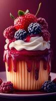 Delicious cupcake topped with rich berry sauce and fresh strawberries in a dessert setting photo