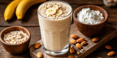 Delicious banana smoothie with oats and nuts on a rustic wooden table photo