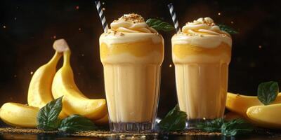 Delicious banana smoothie served in tall glasses with toppings and garnished with mint leaves on a dark background photo