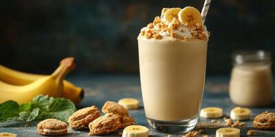 Delicious banana smoothie topped with granola and cookie pieces in a cozy setting photo