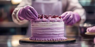 Pastry chef decorates a beautiful lavender cake with berries in a modern bakery kitchen setting photo