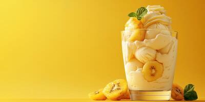 Delicious creamy dessert with banana slices and mint leaves on a bright yellow background showcasing vibrant colors photo