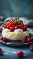 Creamy cheesecake topped with fresh red berries and mint leaves on a dark blue background photo