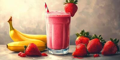 Delicious strawberry banana smoothie served in a glass with fresh fruits on a table photo