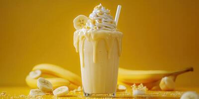 Fresh banana smoothie topped with whipped cream served in a clear glass against a vibrant yellow background photo