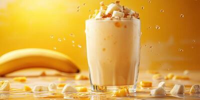 Refreshing banana smoothie with nuts, splashes, and a vibrant background at a sunny kitchen setting photo