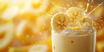 Refreshing banana smoothie with splashes and garnished slices on a sunny background photo