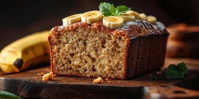 Freshly baked banana bread garnished with banana slices and mint leaves on a rustic wooden board photo