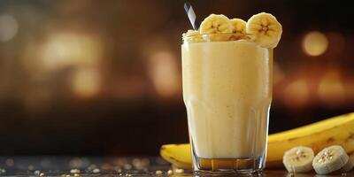 Delicious banana smoothie with fresh fruit served in a clear glass at a cozy cafe setting photo