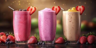 Colorful smoothies lined up with fresh berries at a rustic kitchen setting during a sunny afternoon photo