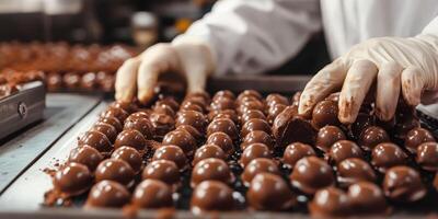 Chocolate artisan carefully crafting truffles in a confectionery workshop during morning hours photo
