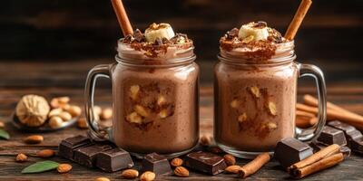 Delicious chocolate banana smoothies served in mason jars with toppings on a wooden table photo