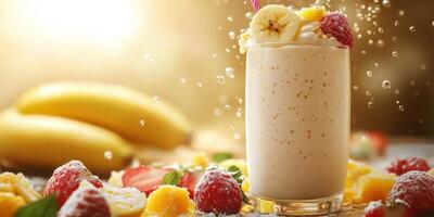 Delicious smoothie made with fresh fruits at a sunny kitchen setting in the morning photo