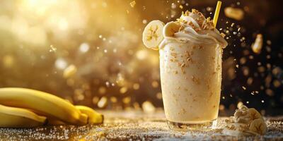 Creamy banana smoothie with fresh bananas and toppings on a bright background photo