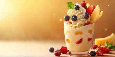 Creamy dessert with fresh fruits served in a glass on a warm afternoon in a contemporary kitchen setting photo