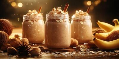 Delicious smoothies served in glass jars with cinnamon, oats, and bananas on a wooden table during a cozy evening photo