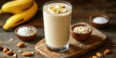 Healthy banana smoothie with almonds and oats prepared on a wooden board alongside fresh ingredients photo