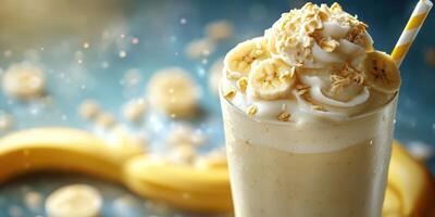 Delicious banana smoothie topped with whipped cream and oats served in a tall glass photo