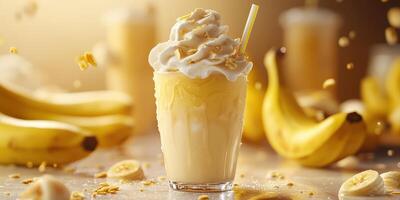 Refreshing banana smoothie topped with whipped cream in a vibrant kitchen setting photo