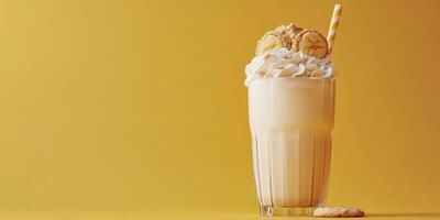 Creamy banana milkshake topped with whipped cream and cookies on vibrant yellow background photo