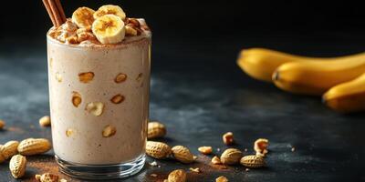 Delicious banana smoothie with peanuts served in a glass beside fresh bananas and scattered nuts on a dark background photo