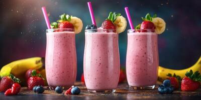 Refreshing summer smoothies with strawberries, bananas, and blueberries made with yogurt on a vibrant background photo