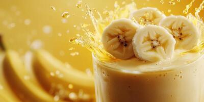 Refreshing banana smoothie splashes in a glass with vibrant background and ripe bananas photo