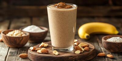 Smooth and creamy banana almond smoothie with peanut butter on a rustic wooden table in a cozy kitchen photo