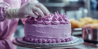 Expert baker decorates a beautiful purple cake with intricate frosting in a bustling bakery photo