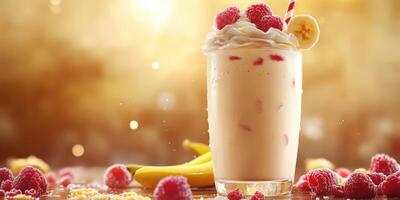 Delicious banana and raspberry smoothie garnished with whipped cream in a sunny setting photo