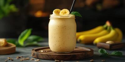 Refreshing banana smoothie in a glass jar garnished with mint leaves and banana slices on a wooden surface photo