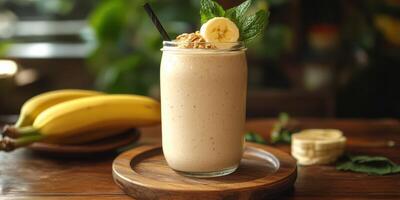 Smooth banana smoothie with mint and granola served in a mason jar on a rustic wooden table photo