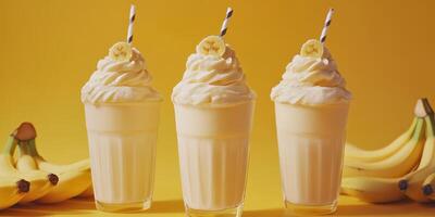 Delicious banana milkshakes served in clear glasses with whipped cream and fresh bananas on a vibrant yellow background photo