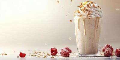 Creamy milkshake topped with whipped cream and raspberries captured in a bright setting photo
