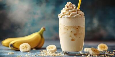 Creamy banana smoothie served with fresh bananas and granola on a blue background photo