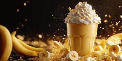 Creamy banana smoothie topped with whipped cream and banana slices in a dramatic, golden setting photo