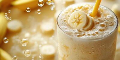 Creamy banana smoothie garnished with fresh slices and bubbles in a clear glass on a light background photo
