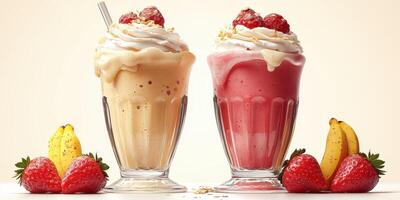 Delicious milkshakes with whipped cream and fresh fruit served in clear glasses photo