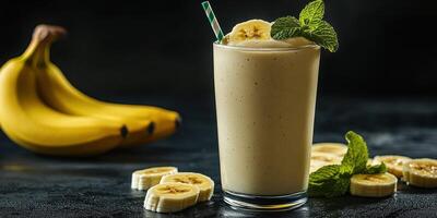 Smooth banana smoothie prepared with fresh ingredients and garnished with mint leaves on a dark surface photo