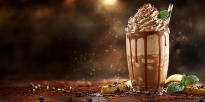 Delicious chocolate milkshake topped with whipped cream and mint leaves served in a glass with bananas photo