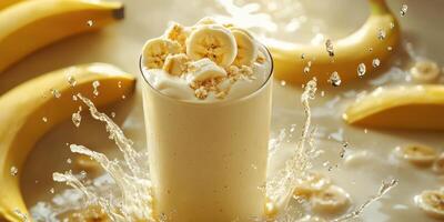 Creamy banana smoothie splashes as fresh bananas surround it in a vibrant kitchen setting photo
